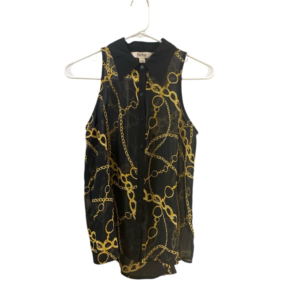Decree Women’s Sleeveless Button Down Blouse Size S Black With Gold Chains Top